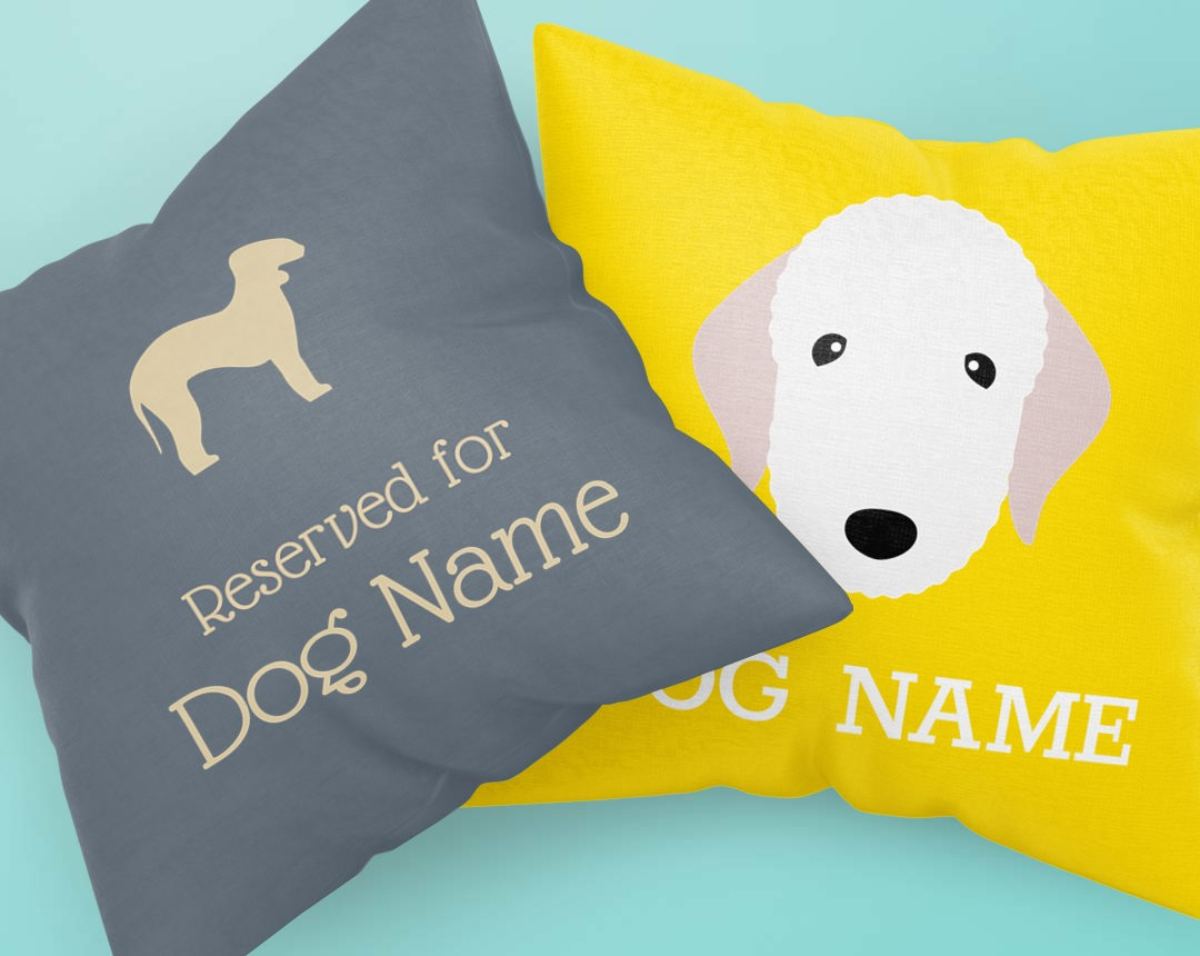 Two personalised cushions featuring your dog's name and icon