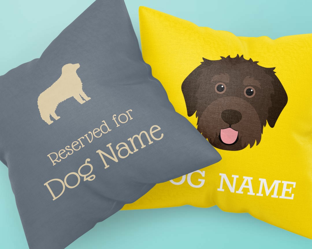 Two personalised cushions featuring your dog's name and icon