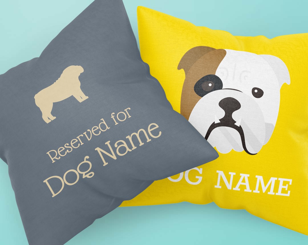 Two personalised cushions featuring your dog's name and icon