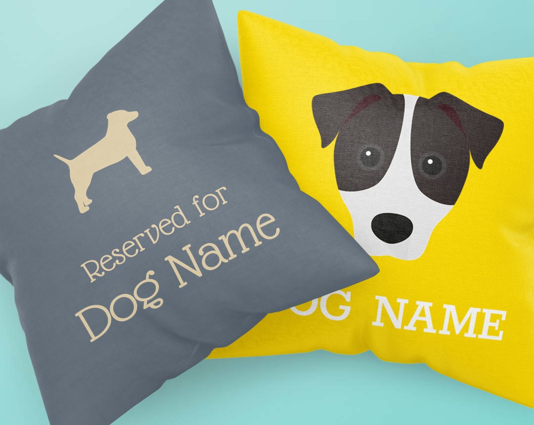 Two personalised cushions featuring your dog's name and icon