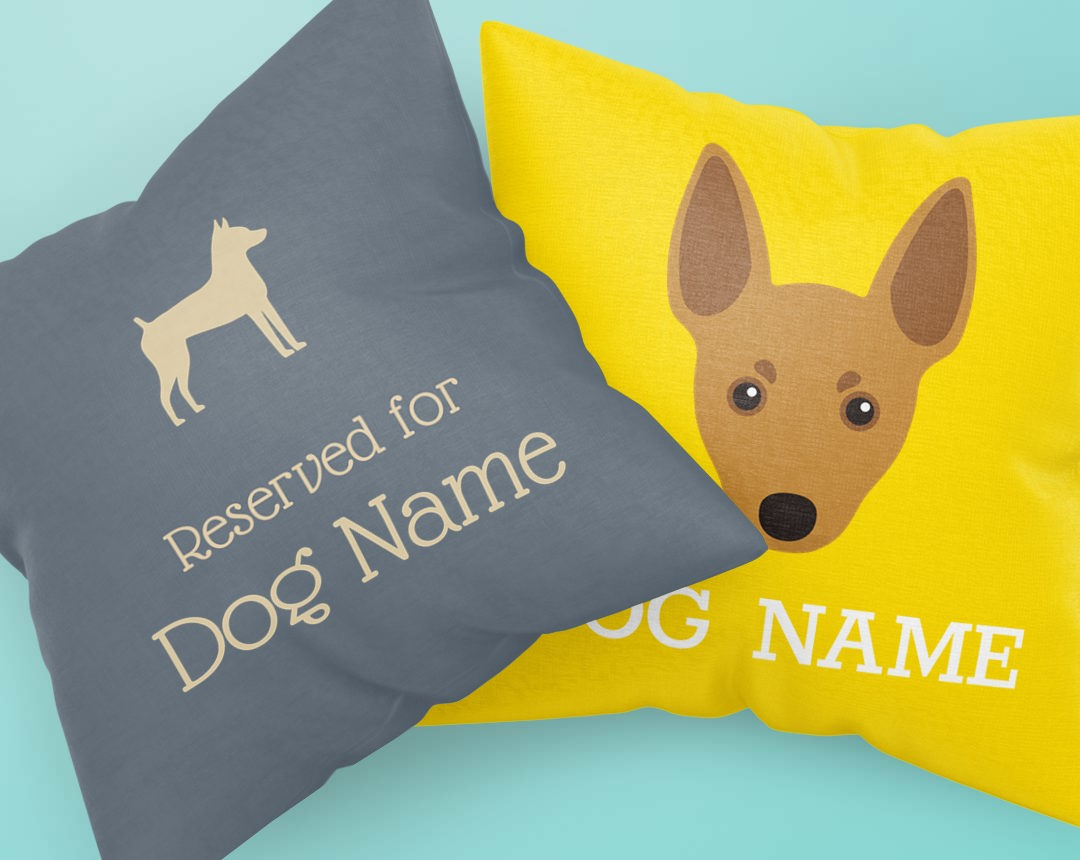Two personalised cushions featuring your dog's name and icon