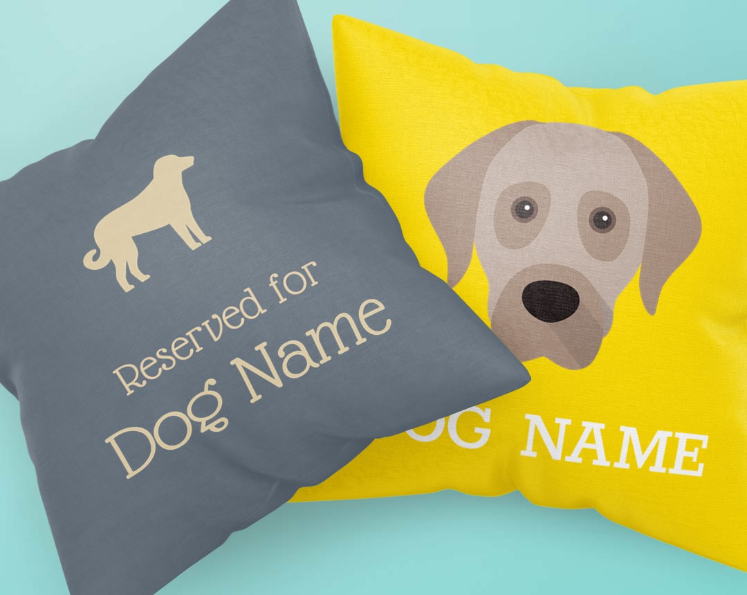 Two personalised cushions featuring your dog's name and icon