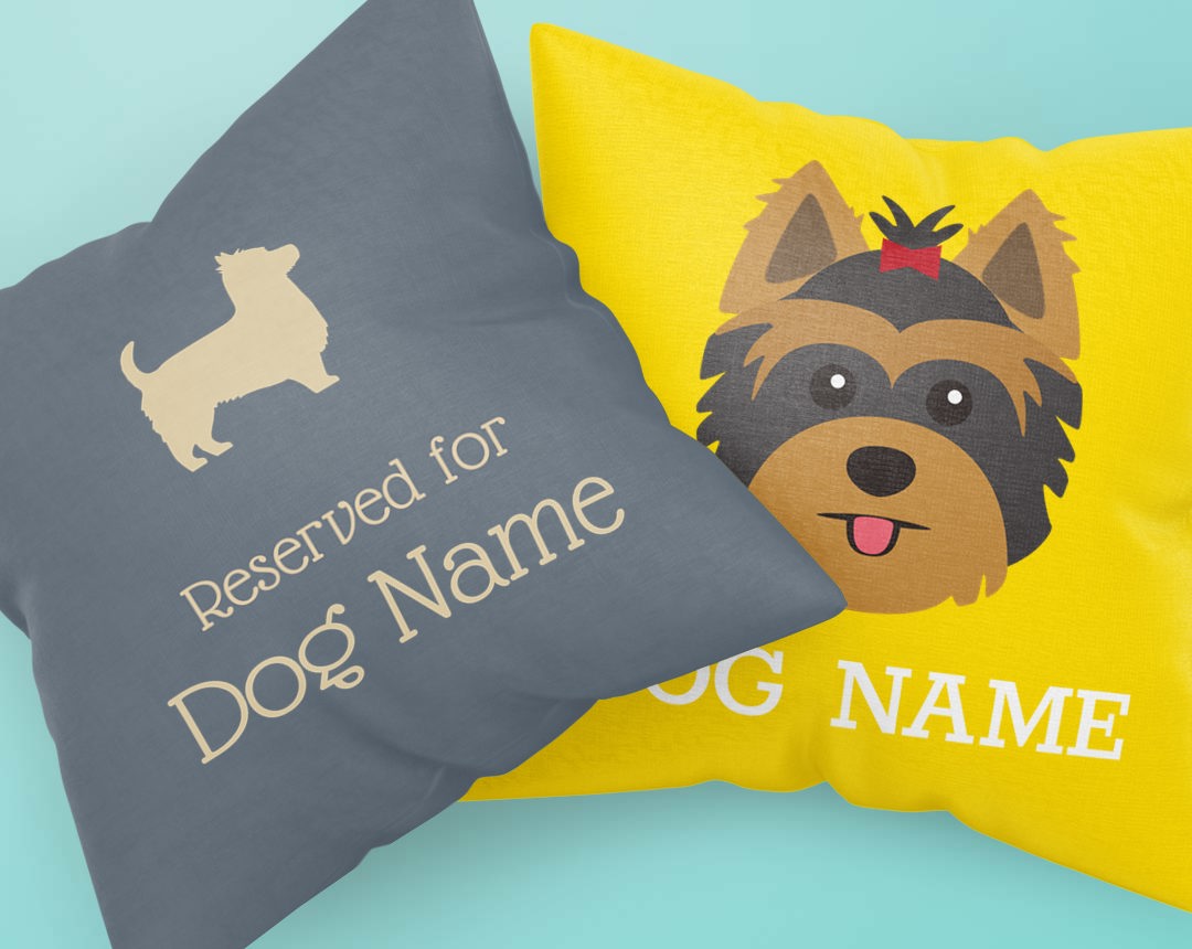 Two personalised cushions featuring your dog's name and icon