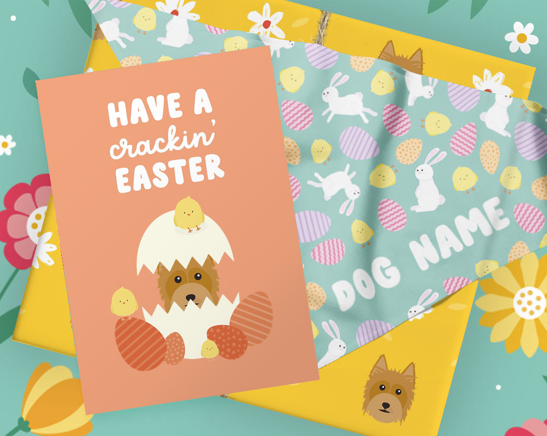 orange easter card, mint patterned easter bandana, and yellow wrapped gift