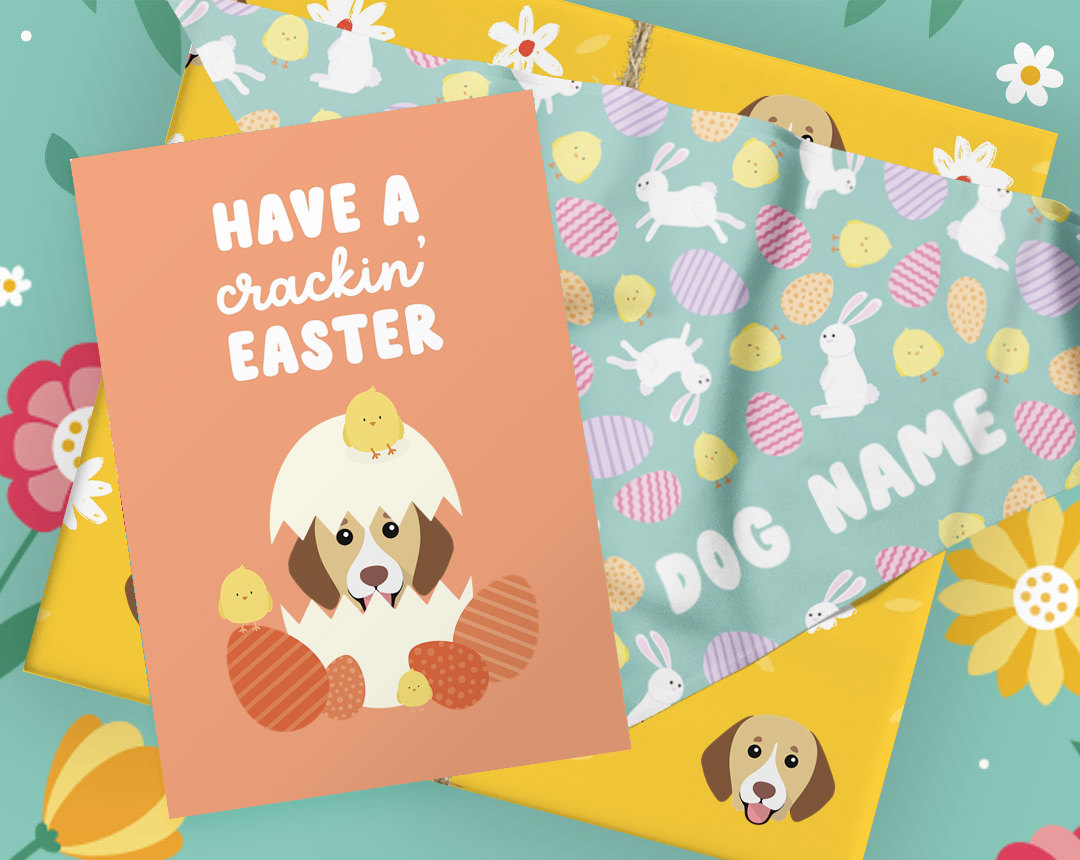 orange easter card, mint patterned easter bandana, and yellow wrapped gift