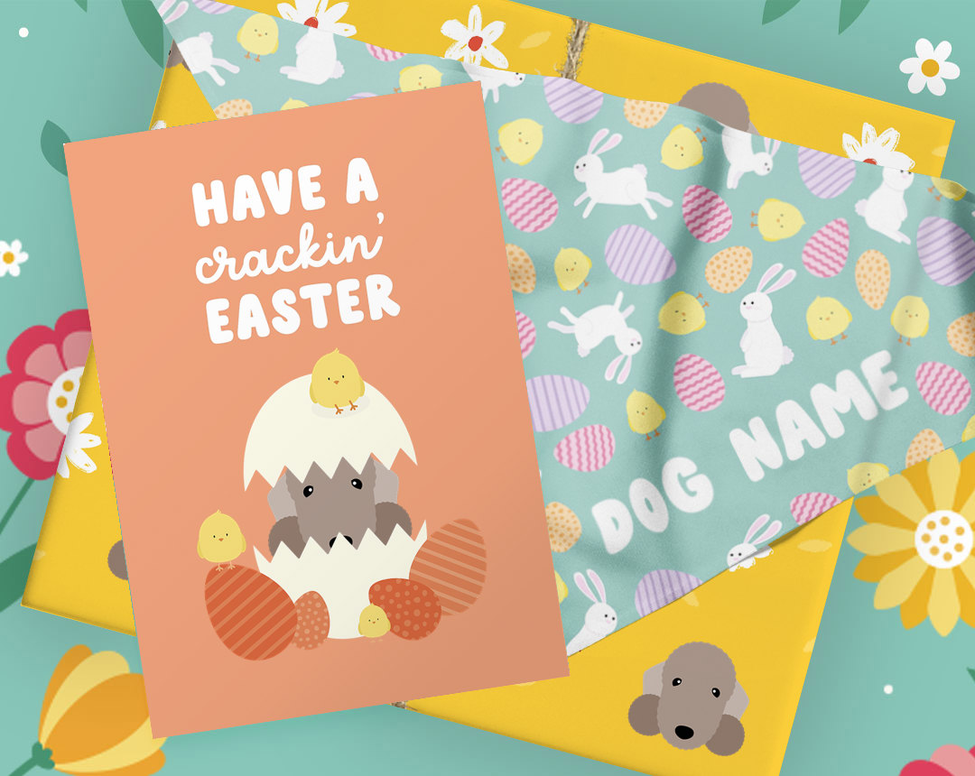 orange easter card, mint patterned easter bandana, and yellow wrapped gift