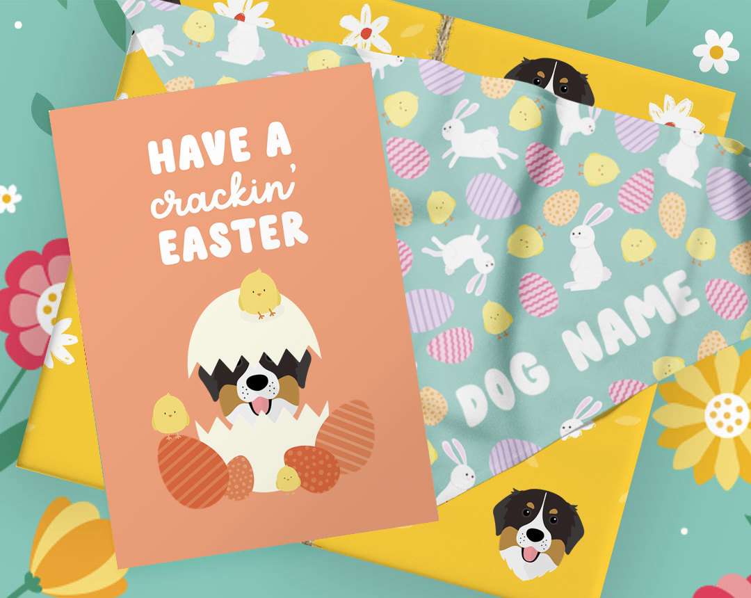 orange easter card, mint patterned easter bandana, and yellow wrapped gift