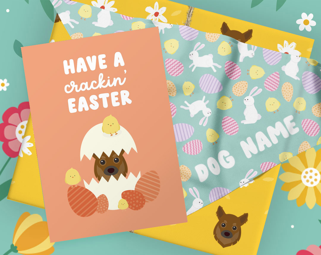 orange easter card, mint patterned easter bandana, and yellow wrapped gift