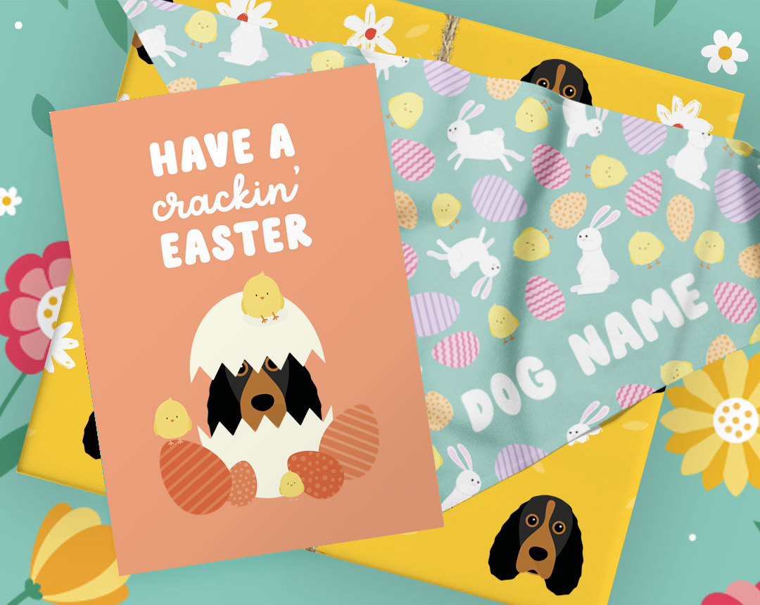 orange easter card, mint patterned easter bandana, and yellow wrapped gift