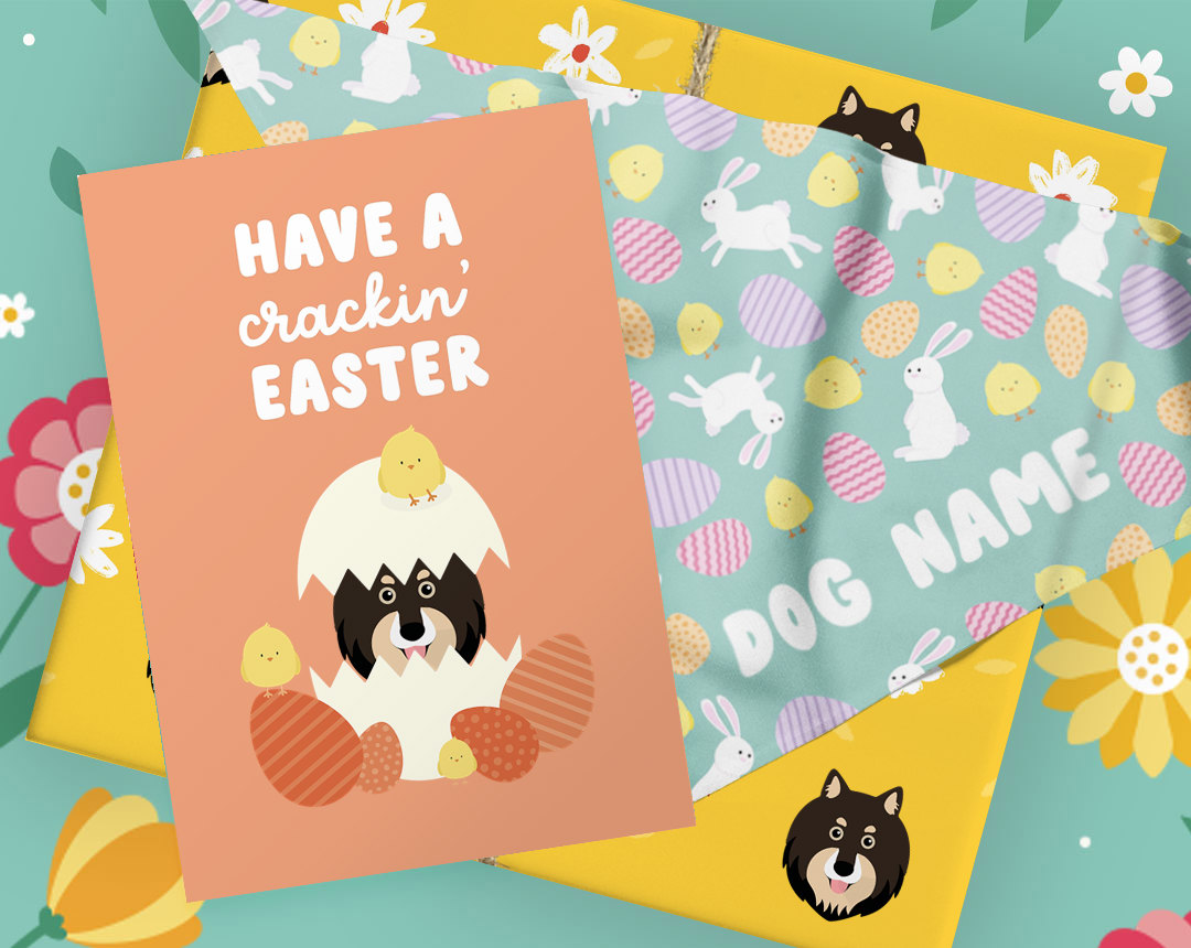 orange easter card, mint patterned easter bandana, and yellow wrapped gift