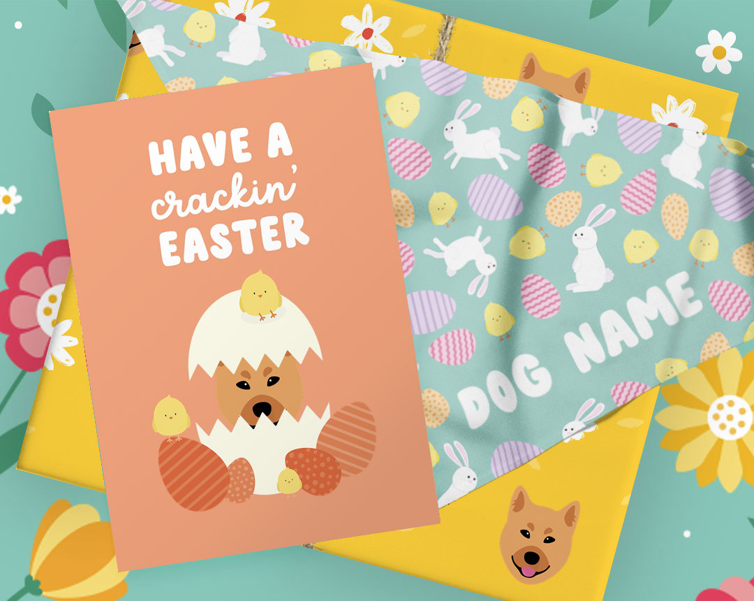orange easter card, mint patterned easter bandana, and yellow wrapped gift