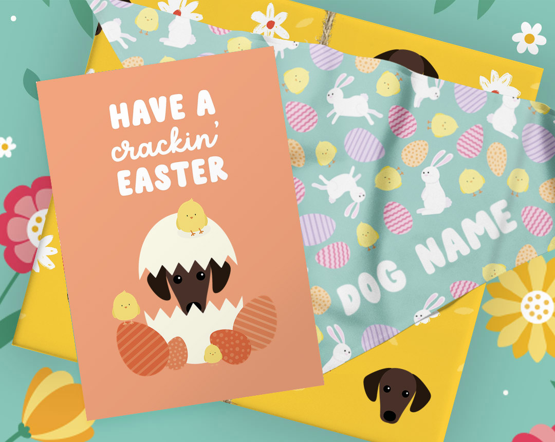 orange easter card, mint patterned easter bandana, and yellow wrapped gift