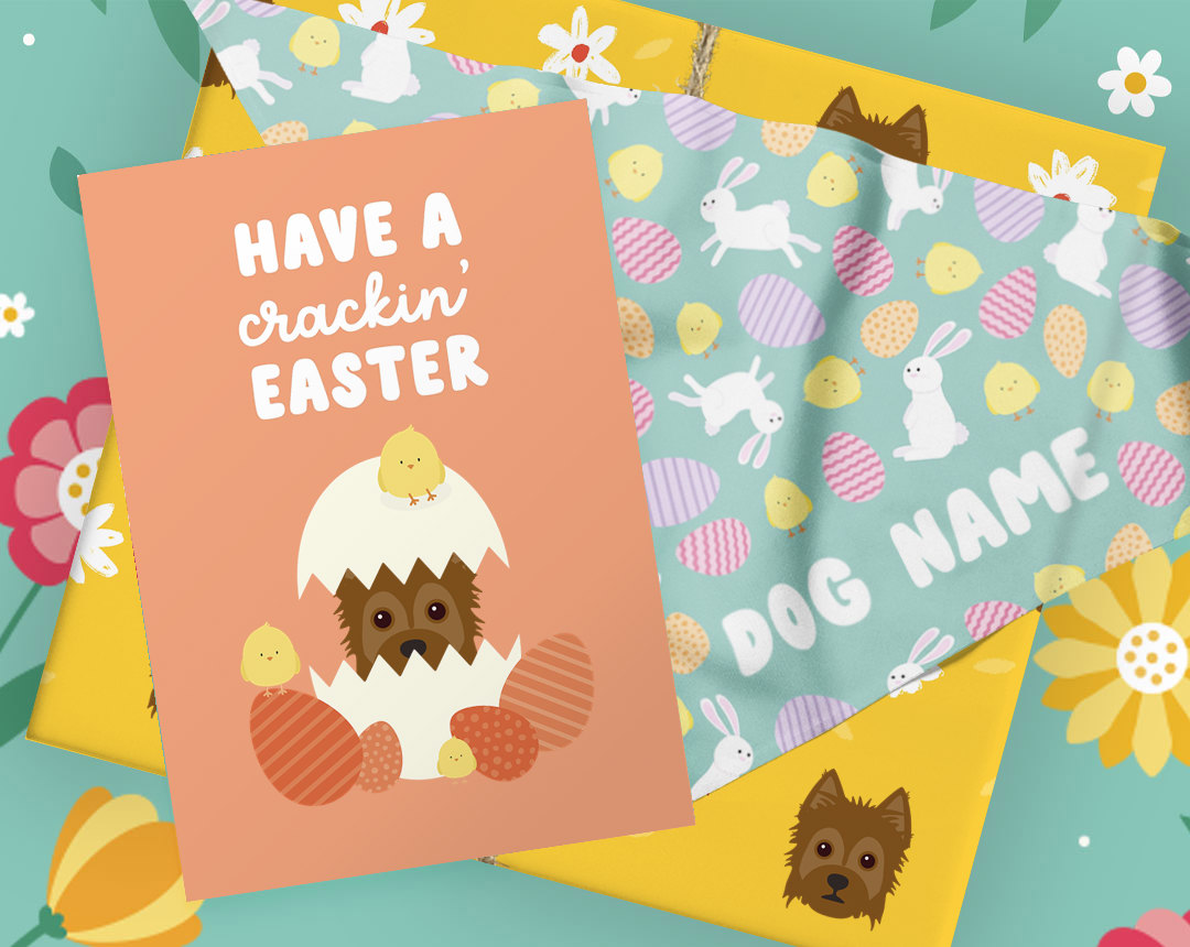 orange easter card, mint patterned easter bandana, and yellow wrapped gift