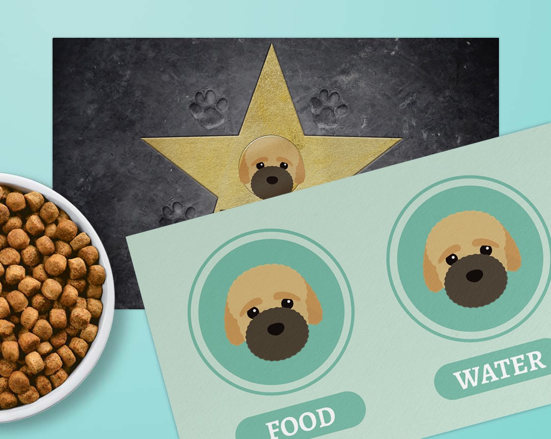 Two feeding mat designs personalised with your dog