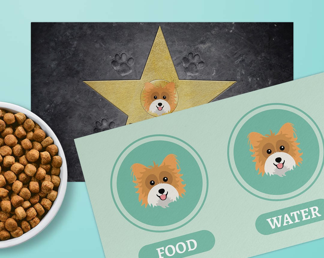 Two feeding mat designs personalised with your dog