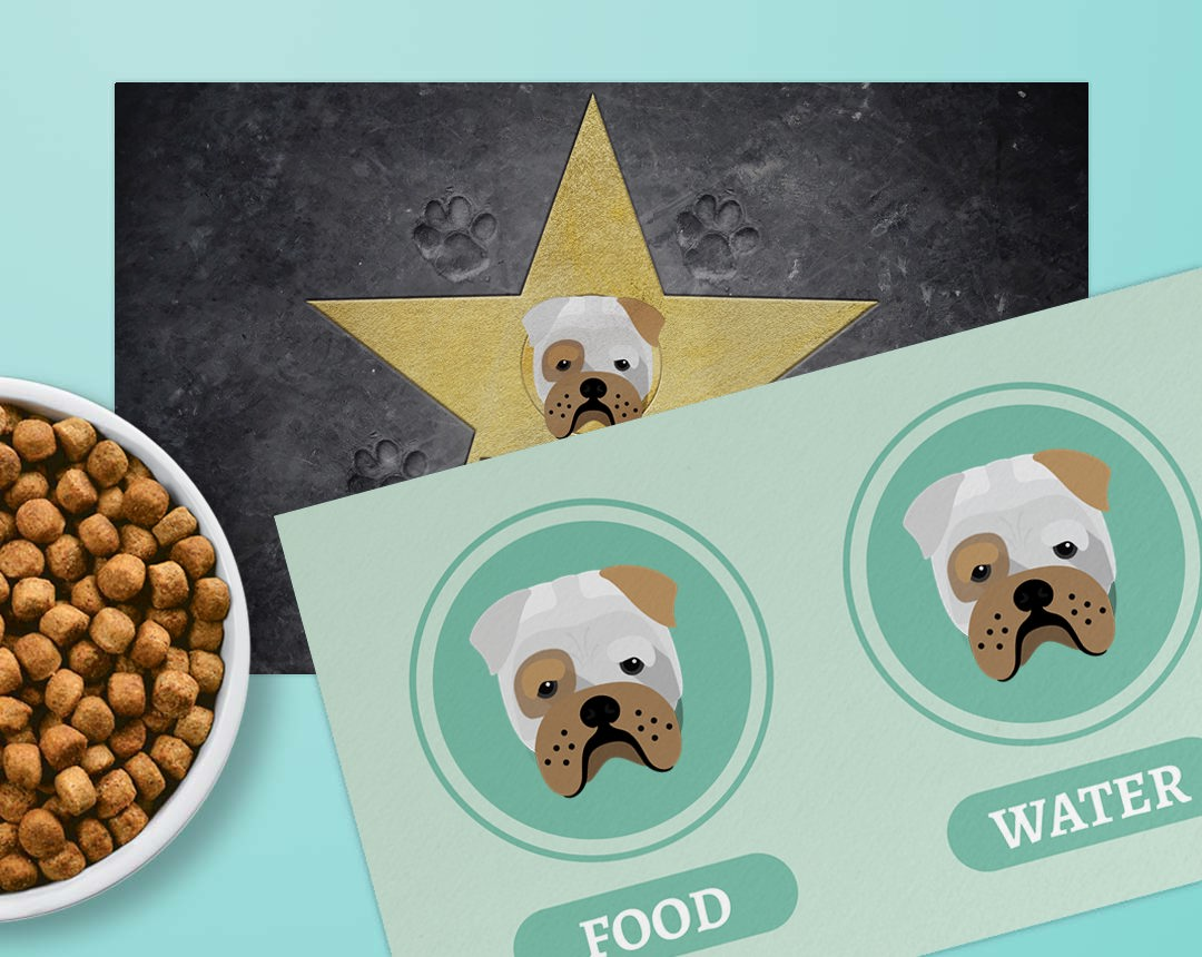 Two personalised feeding mats with customised dog name & breed icons