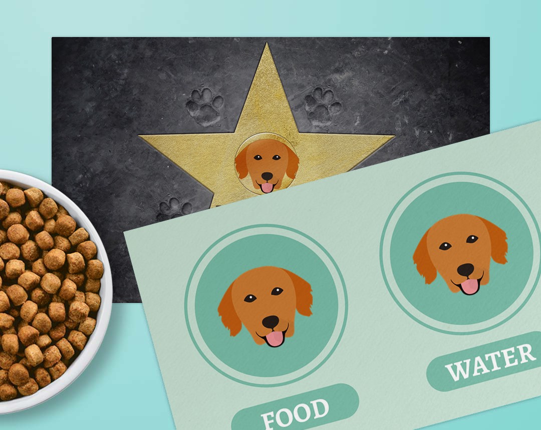 Two feeding mat designs personalised with your dog