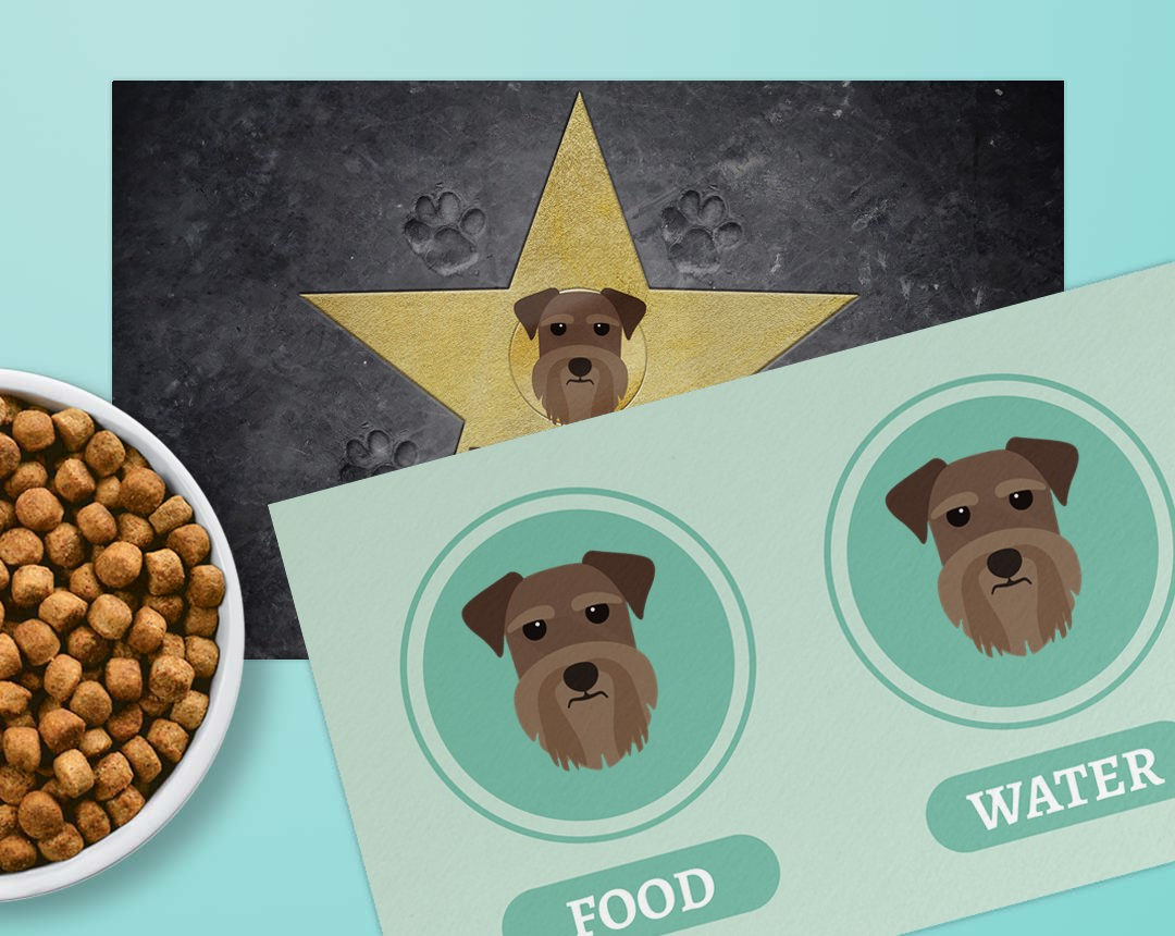 Two feeding mat designs personalised with your dog