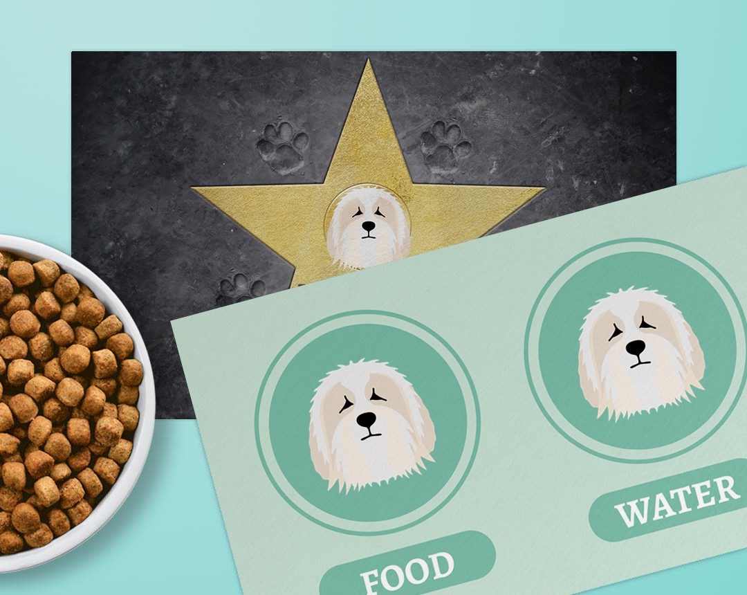 Two feeding mat designs personalised with your dog