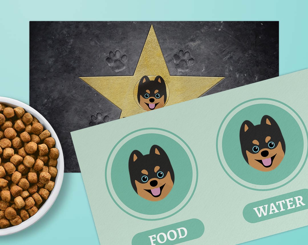 Two feeding mat designs personalised with your dog