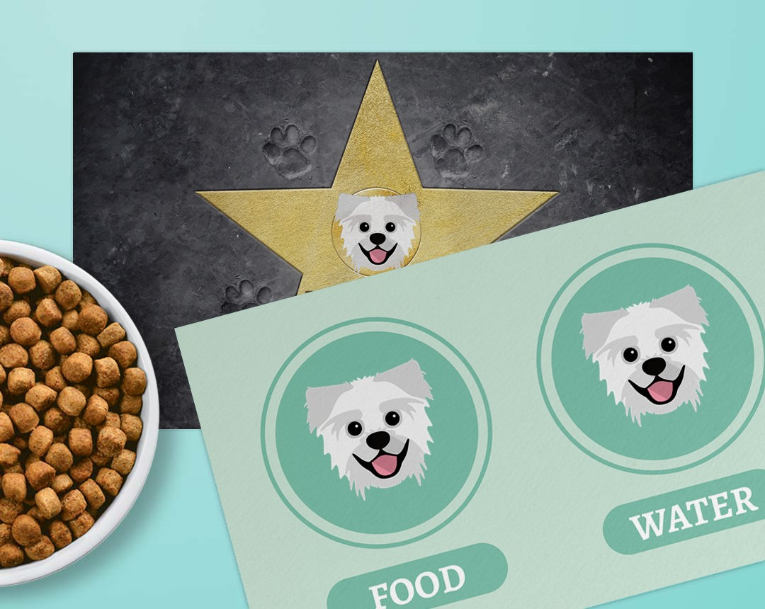 Two personalised feeding mats with customised dog name & breed icons