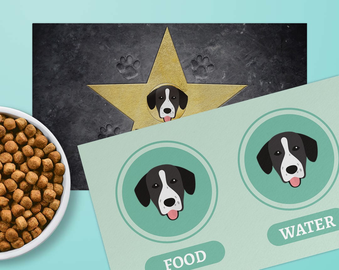 Two feeding mat designs personalised with your dog