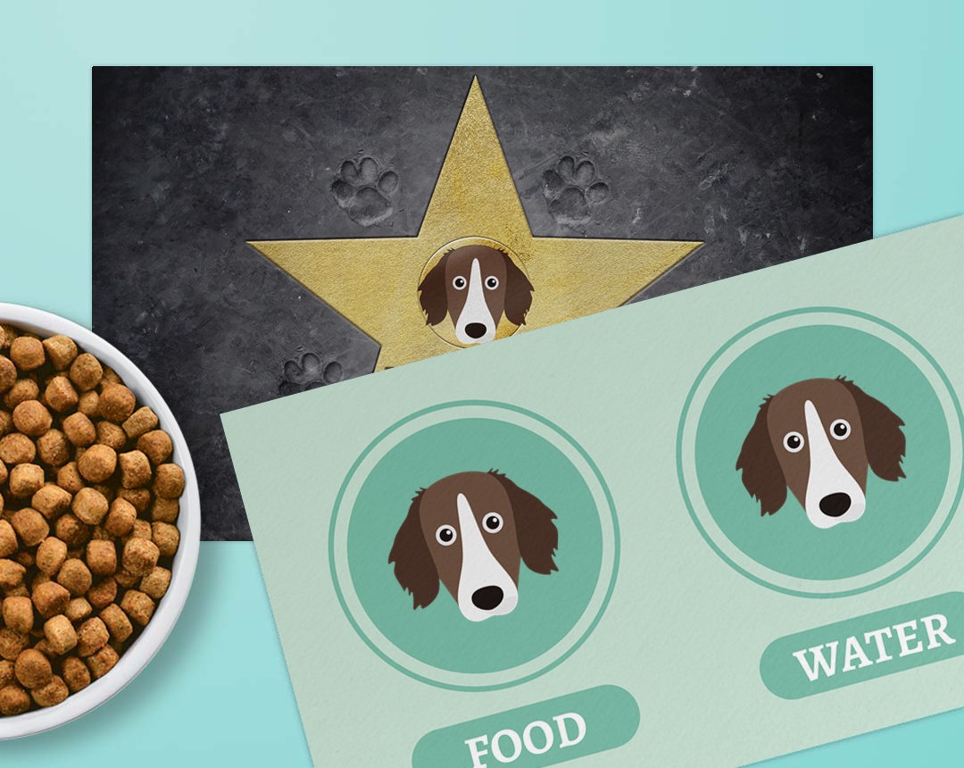 Two feeding mat designs personalised with your dog