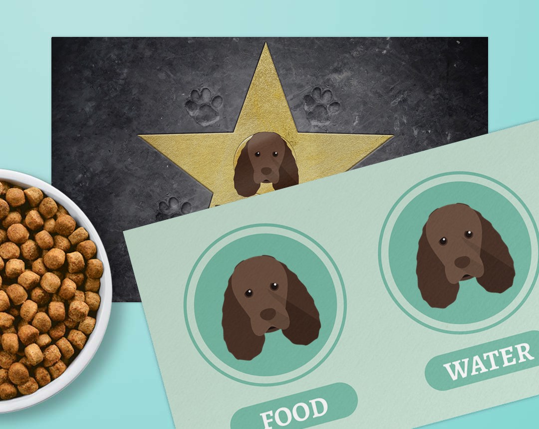 Two feeding mat designs personalised with your dog