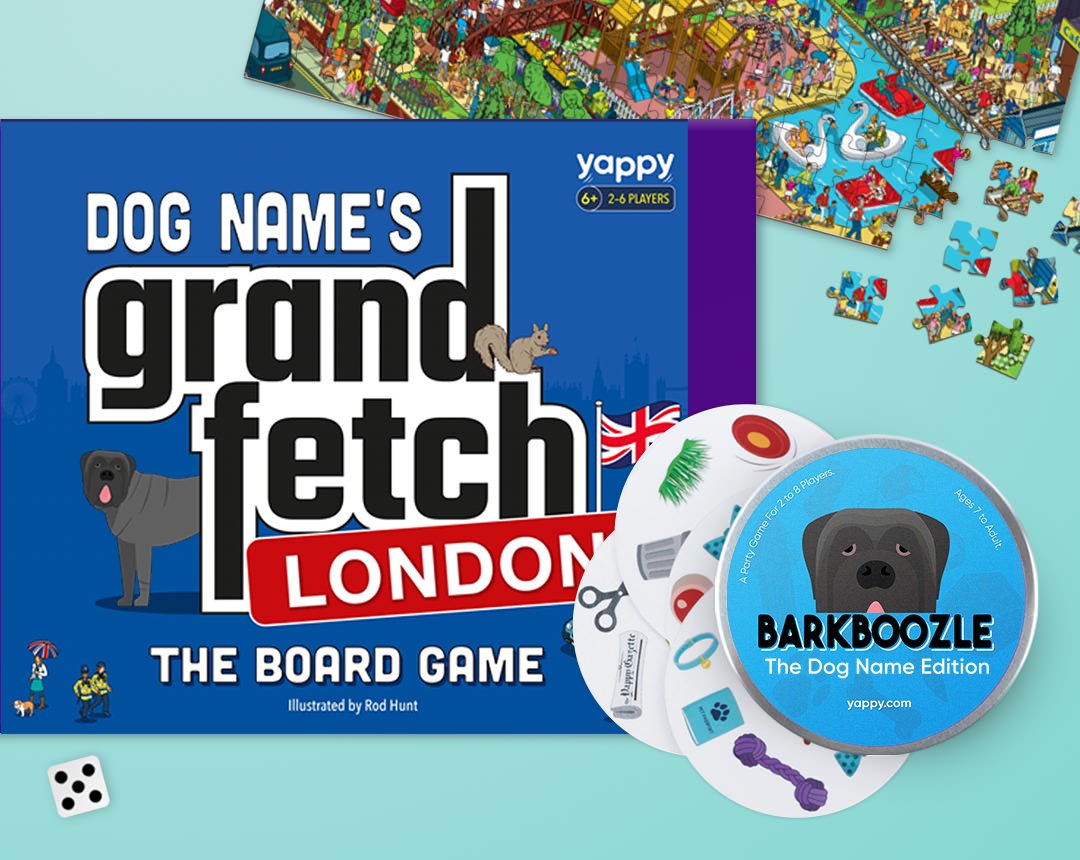 Board game, jigsaw and barkboozle game