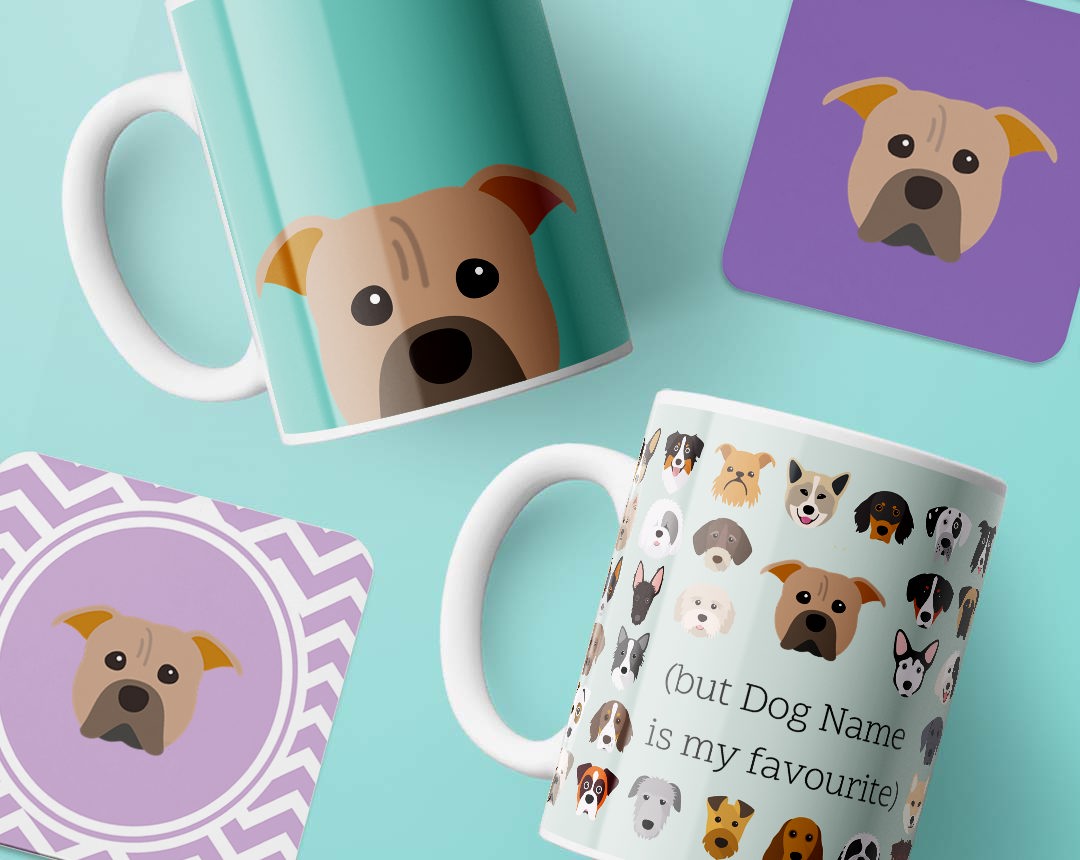 Mugs and costers personalised with your dog's name and breed icon