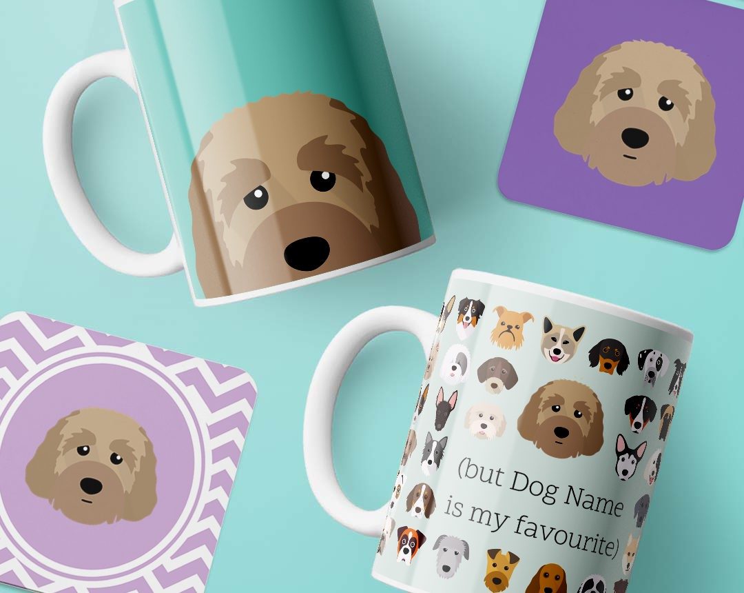 Mugs and costers personalised with your dog's name and breed icon