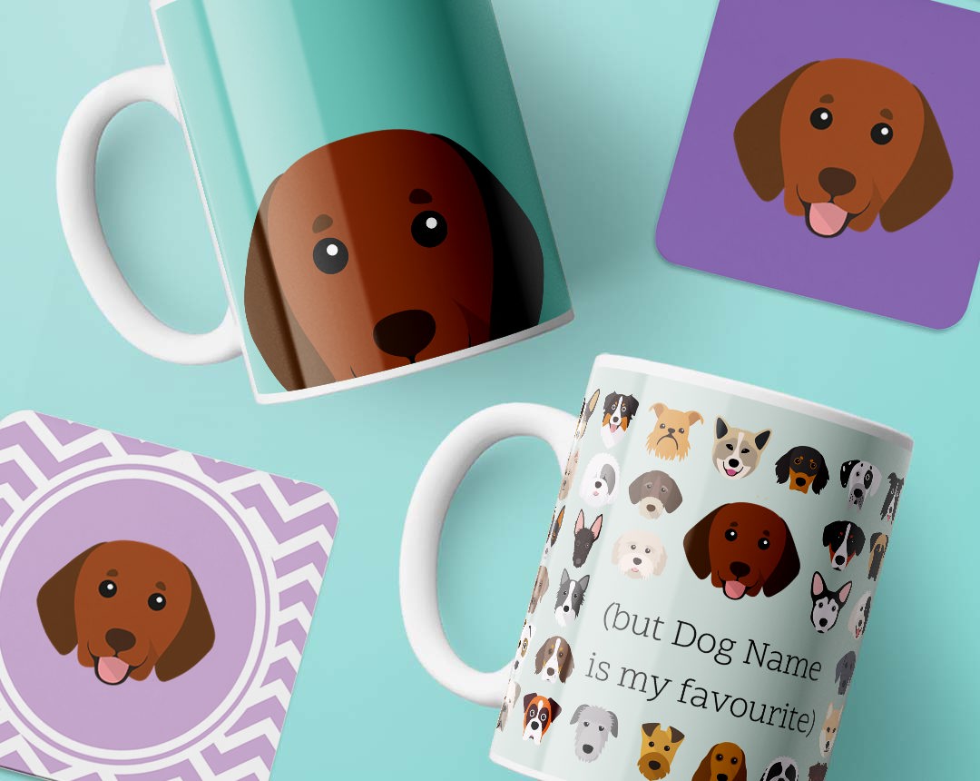 Mugs and costers personalised with your dog's name and breed icon