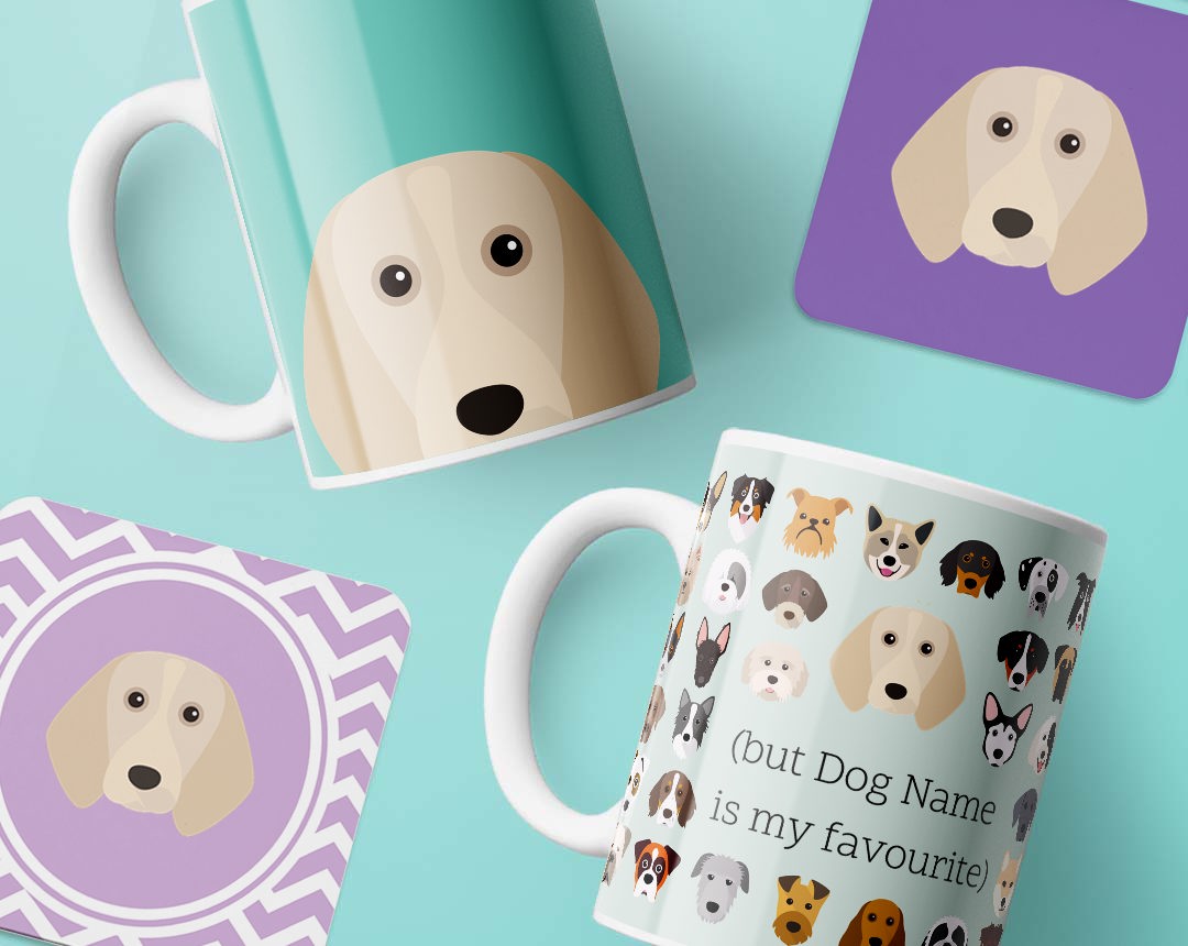 Mugs and costers personalised with your dog's name and breed icon