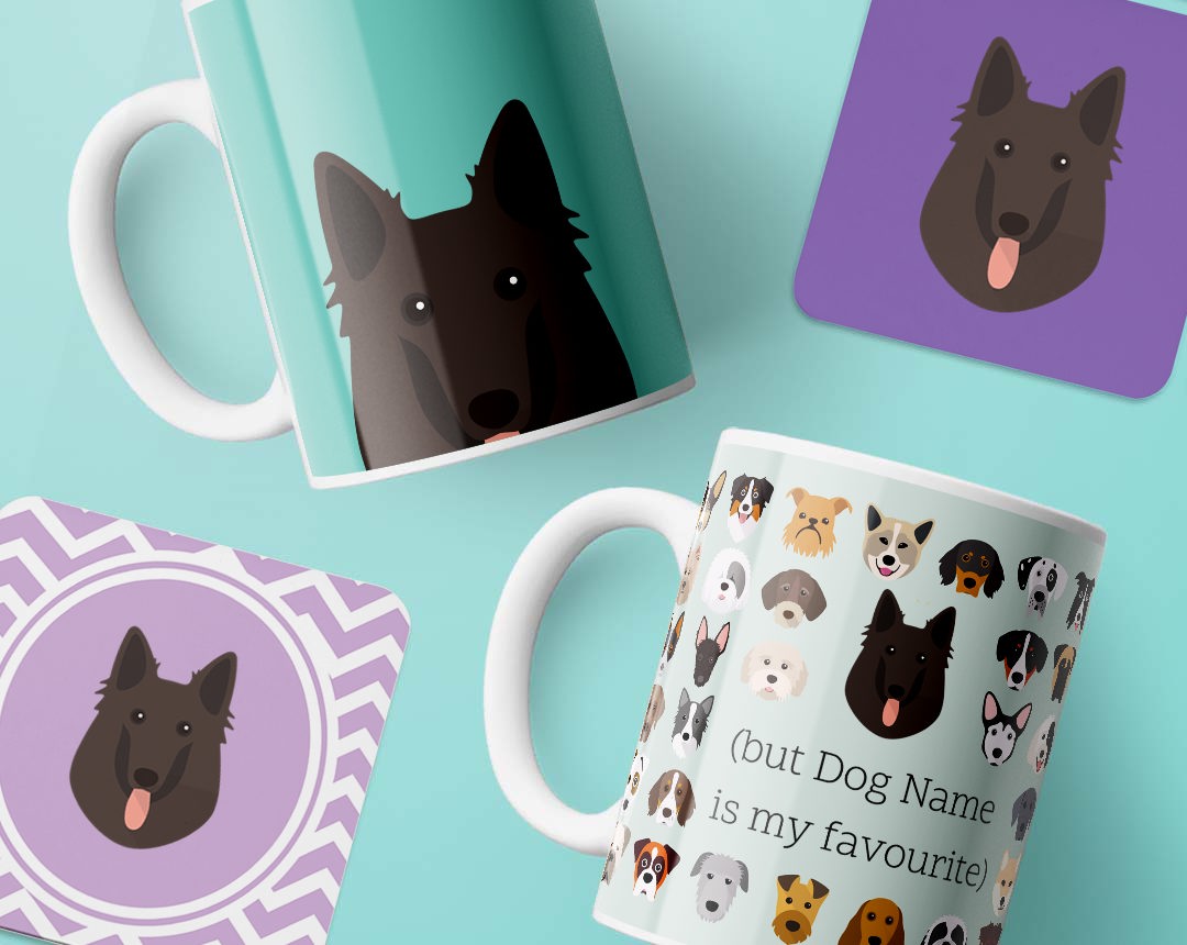 Mugs and costers personalised with your dog's name and breed icon