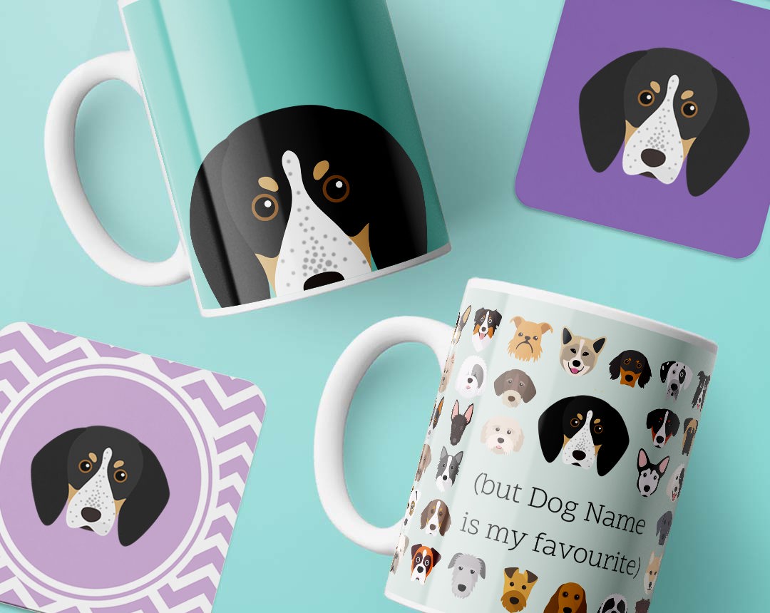 Mugs and costers personalised with your dog's name and breed icon