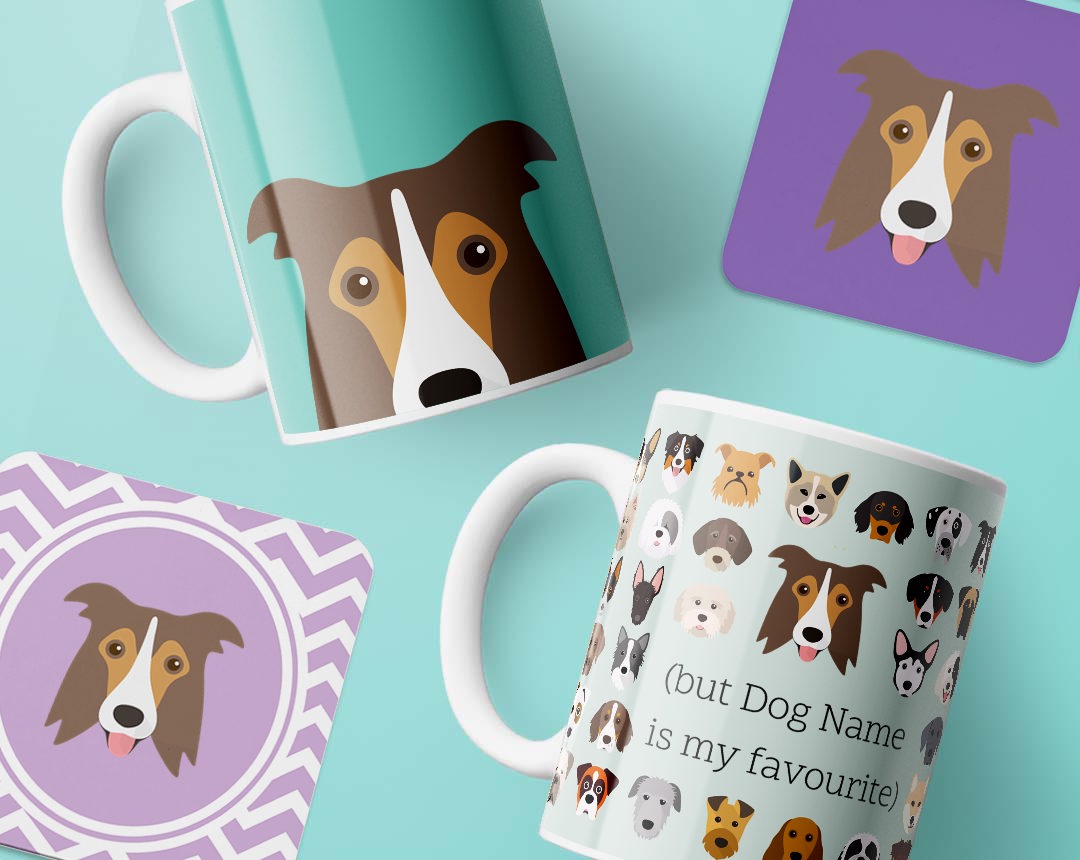 Mugs and costers personalised with your dog's name and breed icon