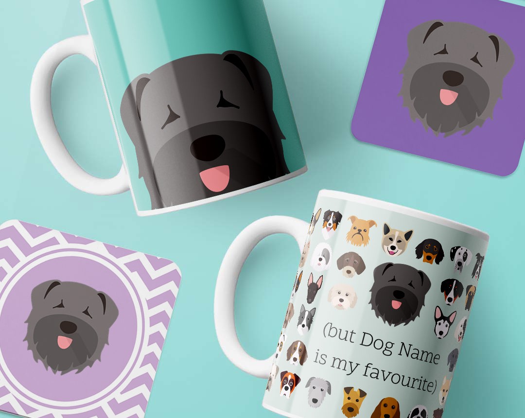 Mugs and costers personalised with your dog's name and breed icon