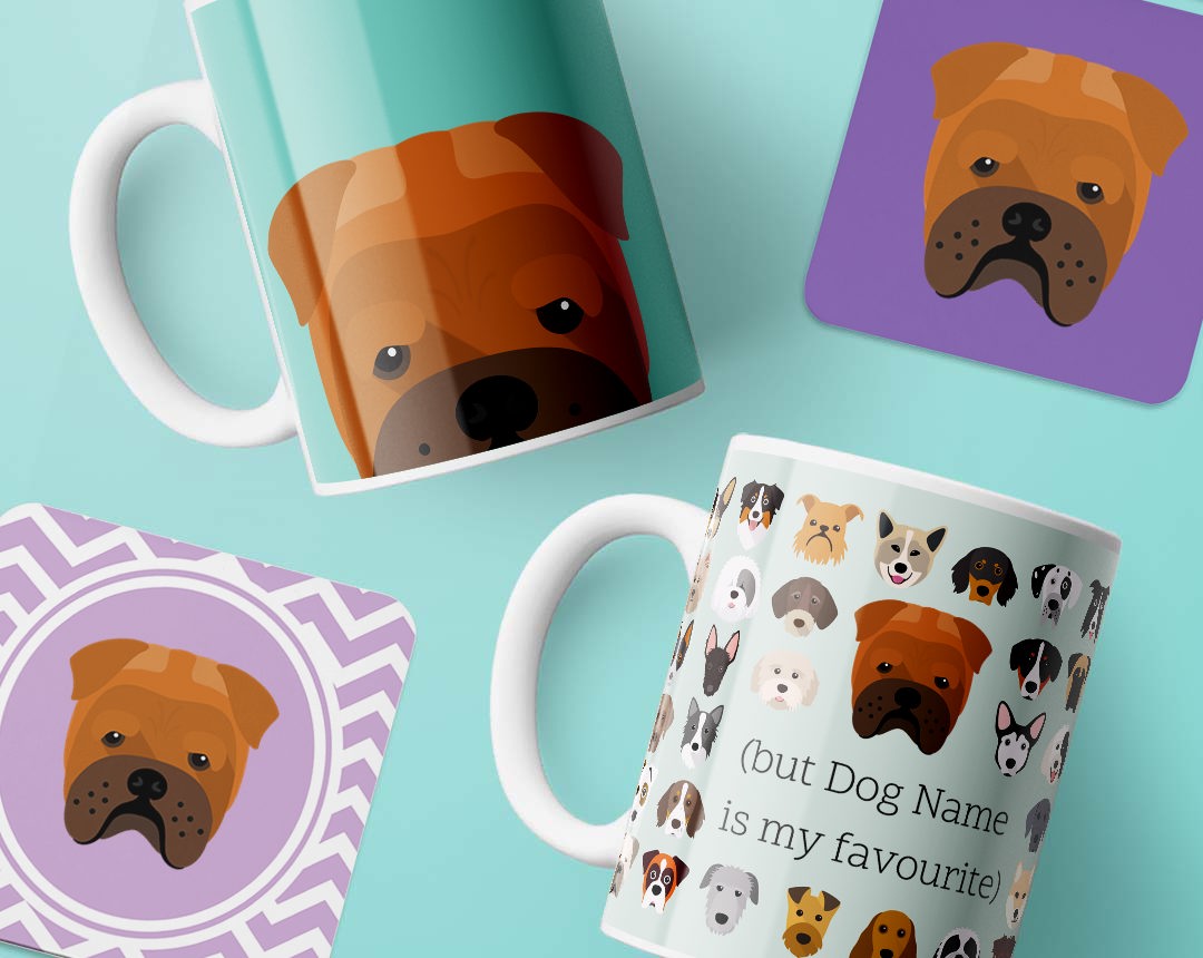 Mugs and costers personalised with your dog's name and breed icon