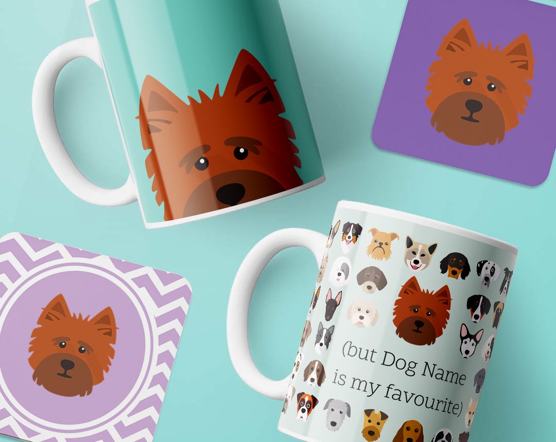 Mugs and costers personalised with your dog's name and breed icon