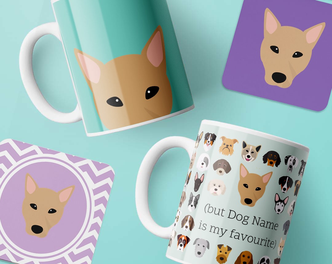 Mugs and costers personalised with your dog's name and breed icon