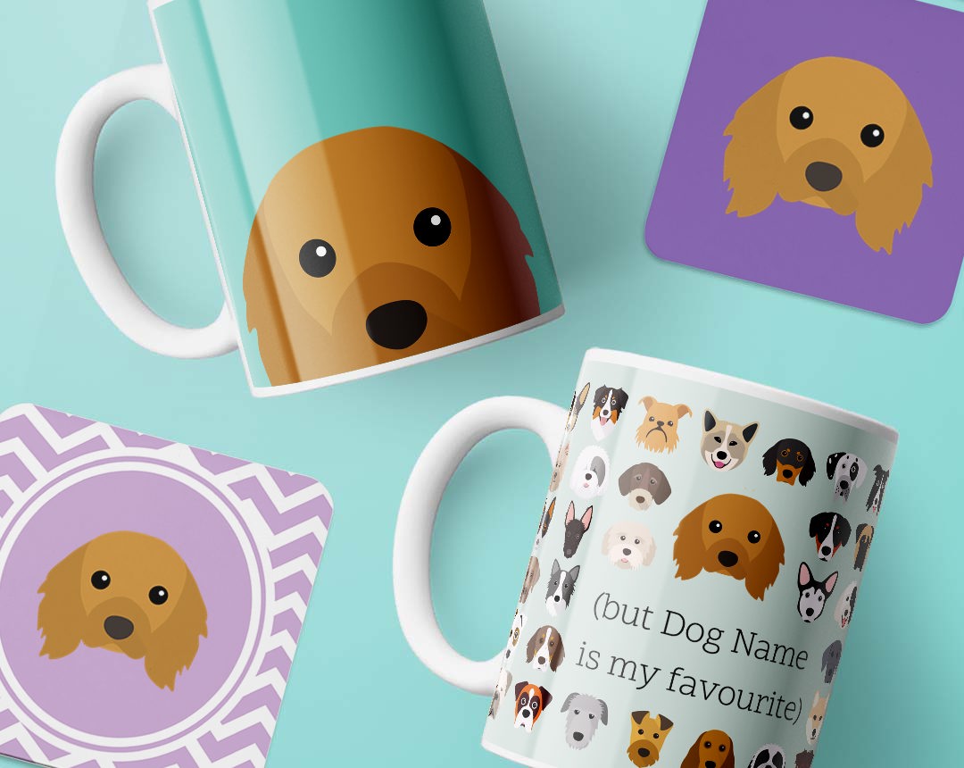 Mugs and costers personalised with your dog's name and breed icon