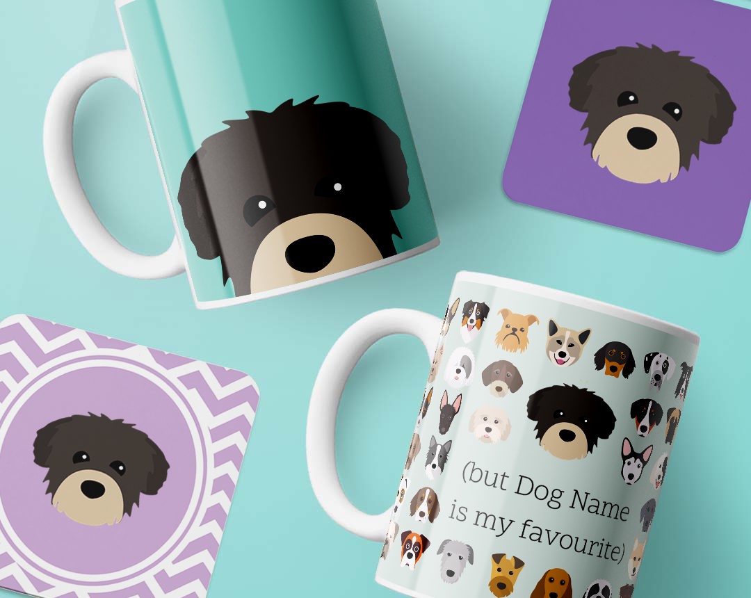 Mugs and costers personalised with your dog's name and breed icon