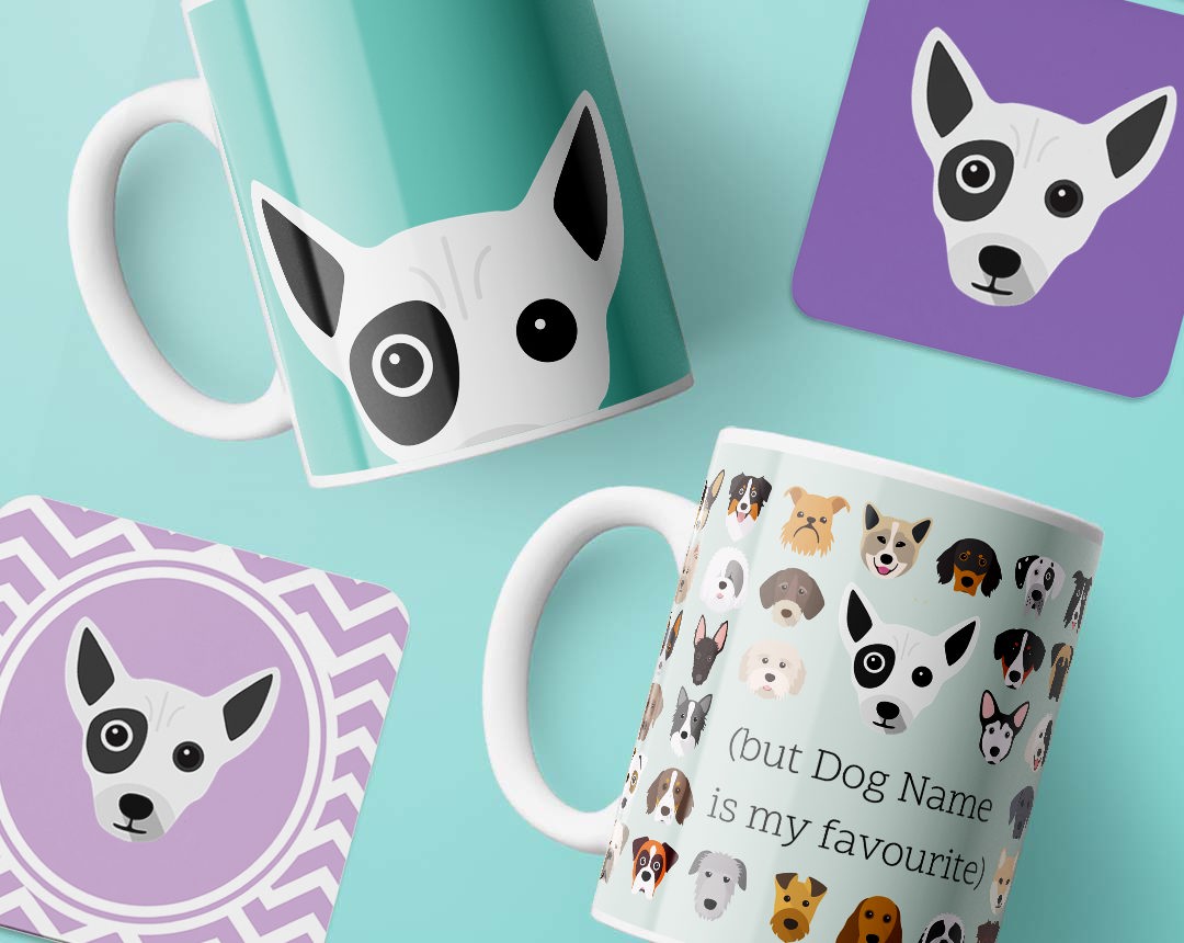 Mugs and costers personalised with your dog's name and breed icon