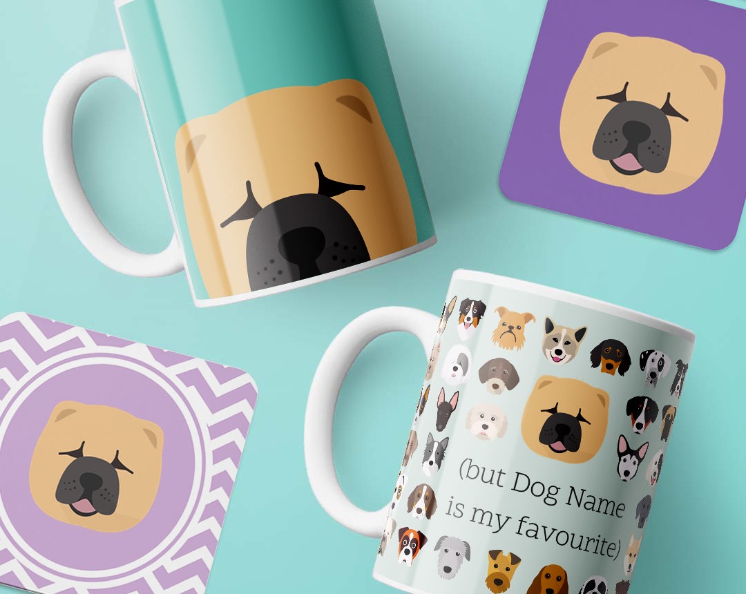 Mugs and costers personalised with your dog's name and breed icon