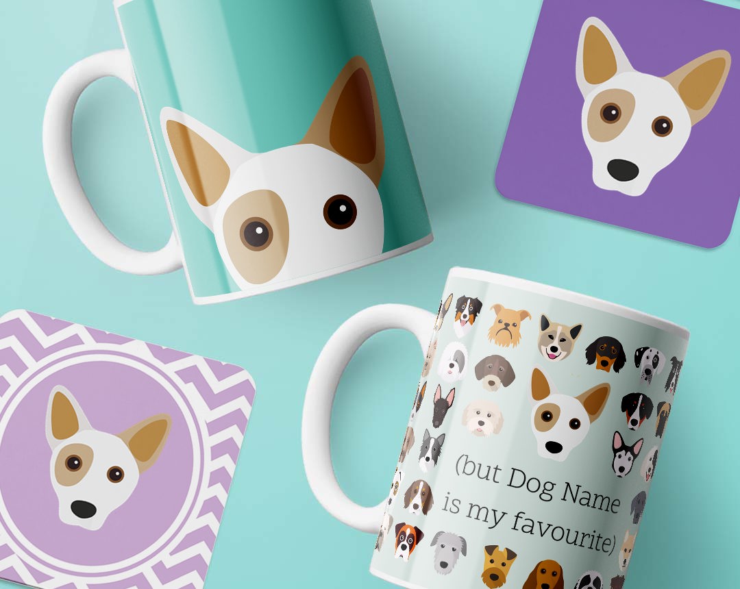 Mugs and costers personalised with your dog's name and breed icon