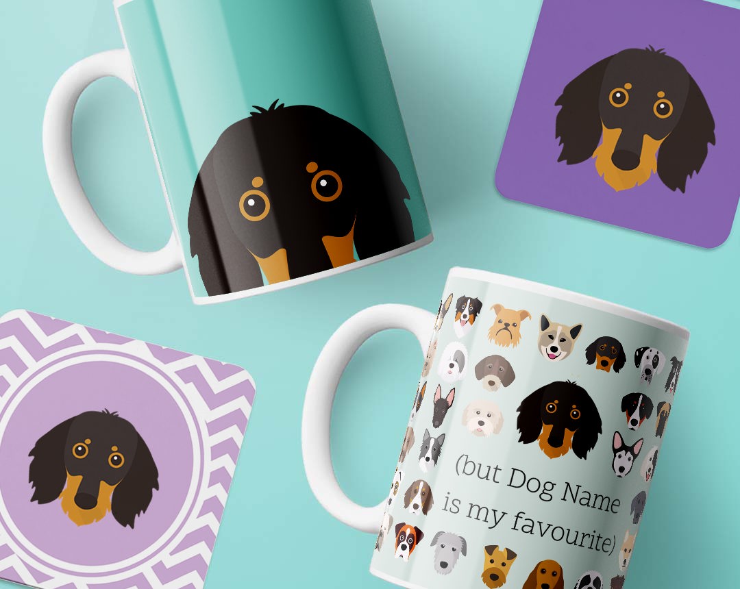 Mugs and costers personalised with your dog's name and breed icon