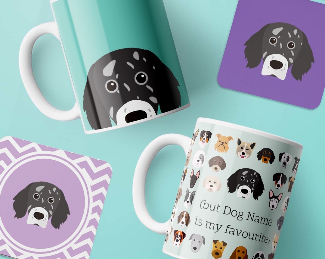 Mugs and costers personalised with your dog's name and breed icon