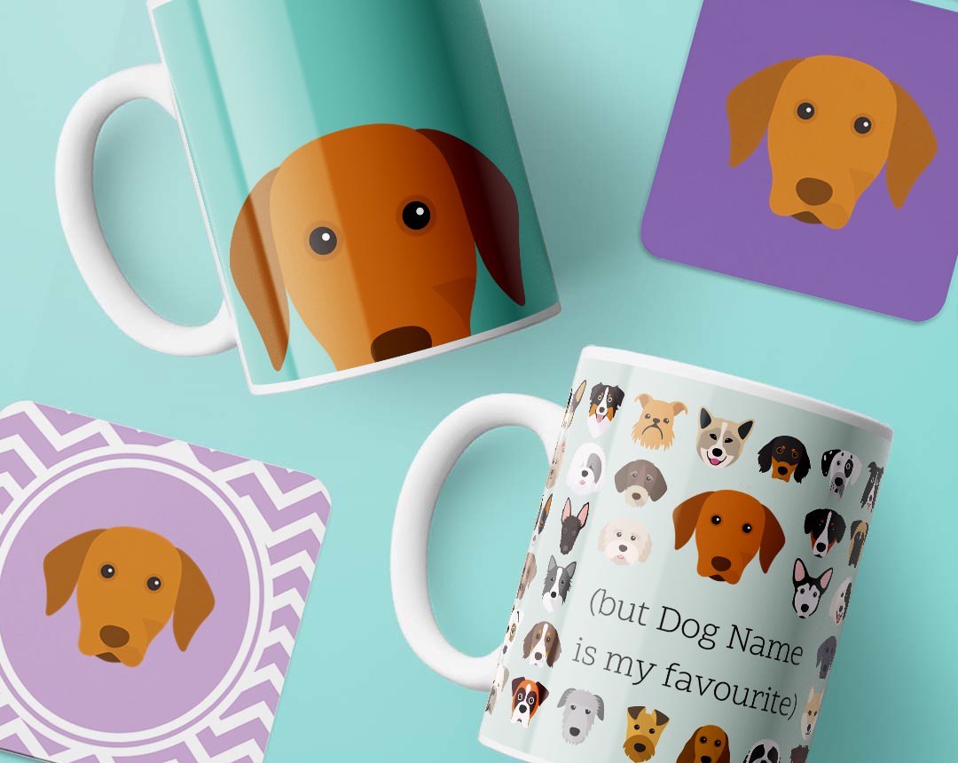 Mugs and costers personalised with your dog's name and breed icon