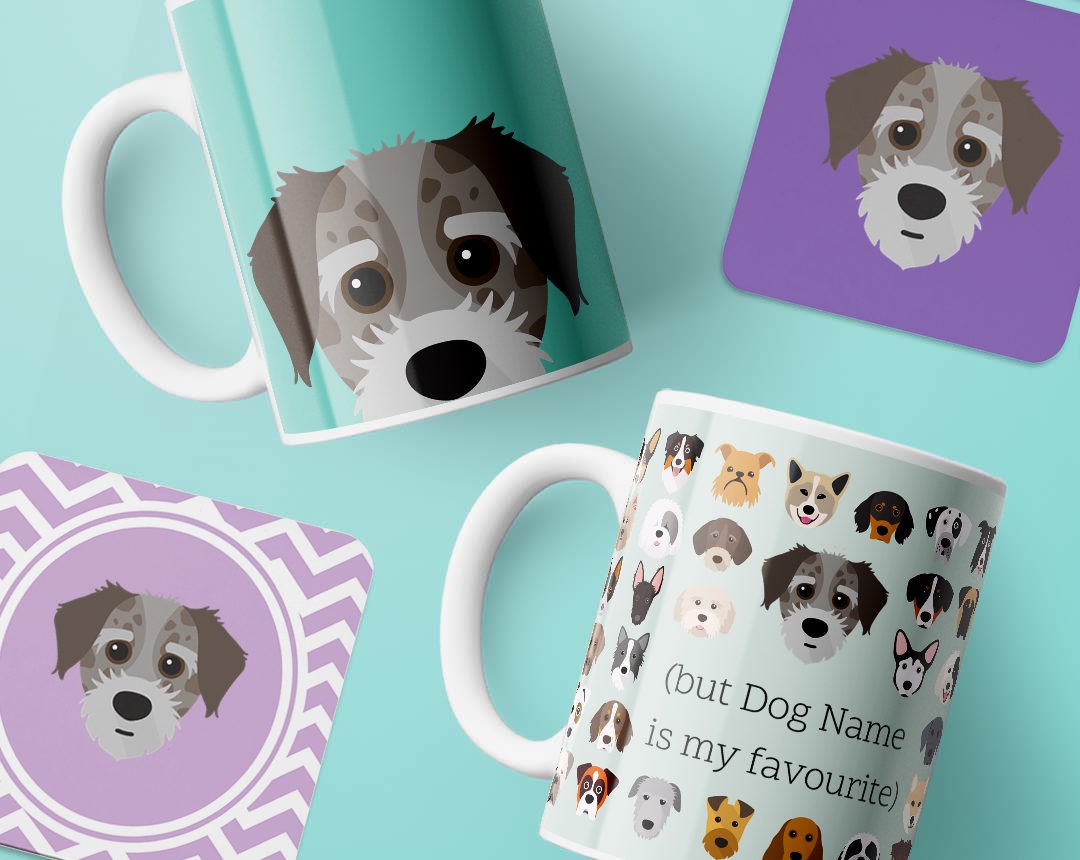 Mugs and costers personalised with your dog's name and breed icon