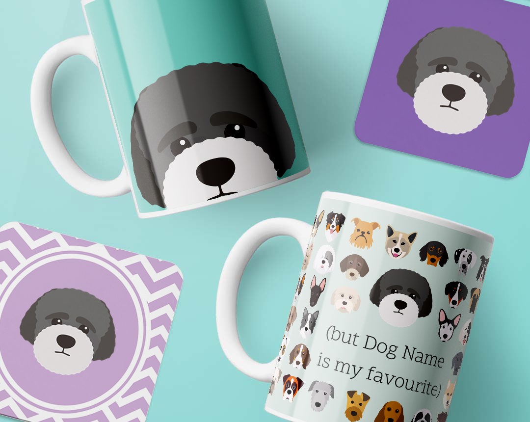 Mugs and costers personalised with your dog's name and breed icon